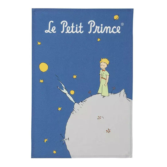 Torchon de cuisine Petit Prince Planète, 100% coton, 50x75 cm, représentant le Petit Prince debout sur une planète dans l'espace