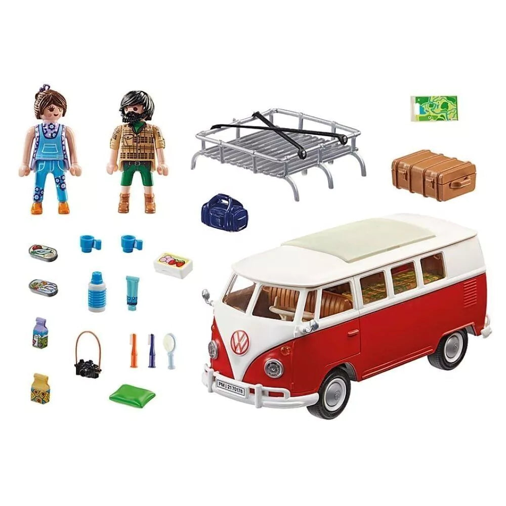 Ensemble complet du Playmobil VW T1 Camping Bus en rouge et blanc chez Pitamoon