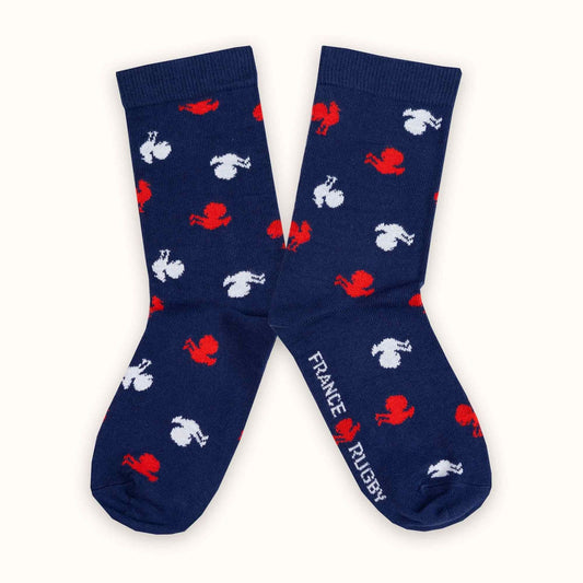 Chaussettes officielles de l'équipe de France de Rugby, bleues avec emblème, exprimant le soutien national pour la Coupe du Monde de Rugby 2023, confortables et résistantes.