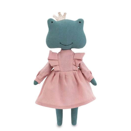 Jouet peluche grenouille Fiona avec robe rose et couronne dorée sur fond blanc - Pitamoon