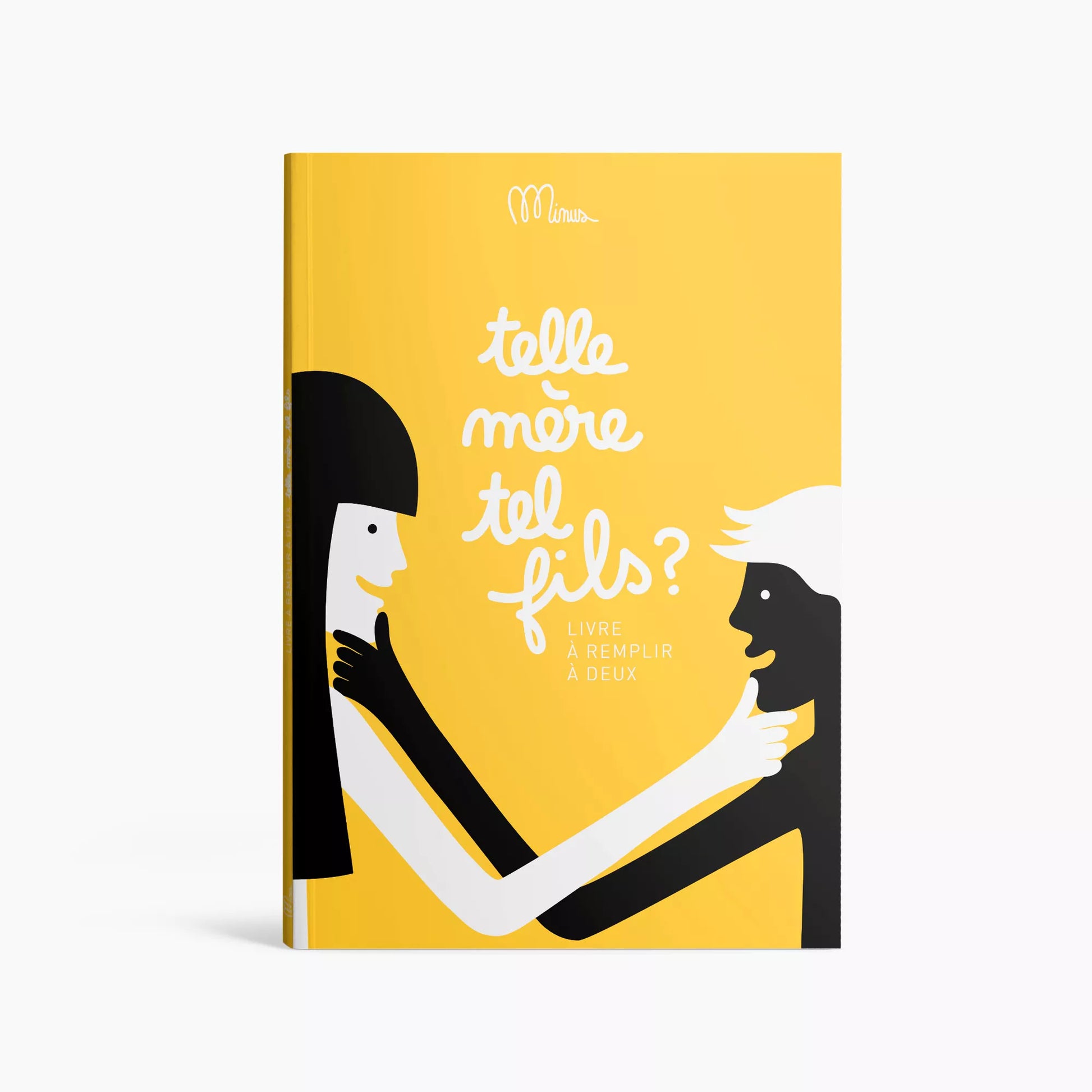 Couverture du livre interactif 'Mon fils, tu es le plus beau !' de Minus, avec des motifs colorés et le titre en jaune Pantone