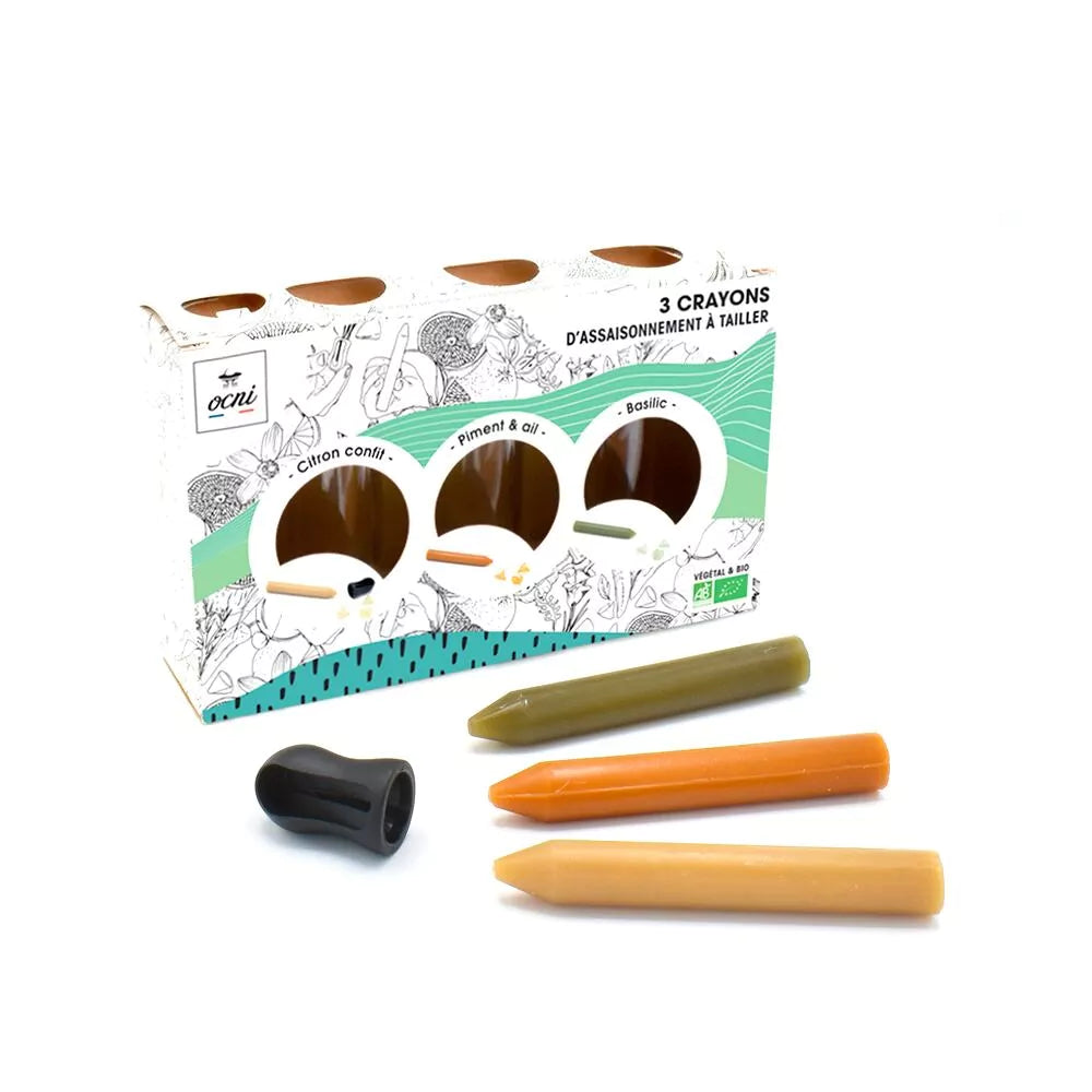 Coffret d'Assaisonnements à Tailler avec Citron Confit, Piment et Ail, Basilic par Pitamoon, accompagné d'un taille-crayon