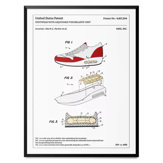 Affiche exclusive du brevet Nike Air Max de Pitamoon.com en 30x40 cm, prête à marquer l'histoire de votre décoration murale.