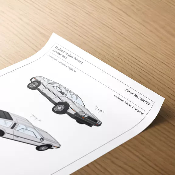 Zoom sur les détails techniques de l'affiche du brevet Delorean DMC-12 – Pitamoon.com