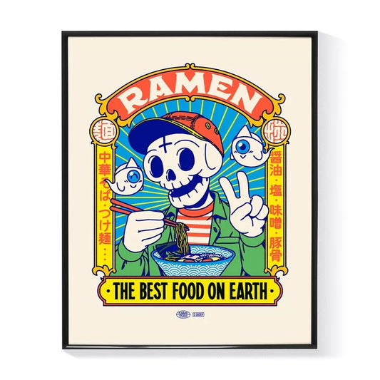 Affiche design 40x50cm représentant un bol de ramen japonais, idéale pour une décoration murale élégante et moderne dans une cuisine ou un salon, style japonais minimaliste.