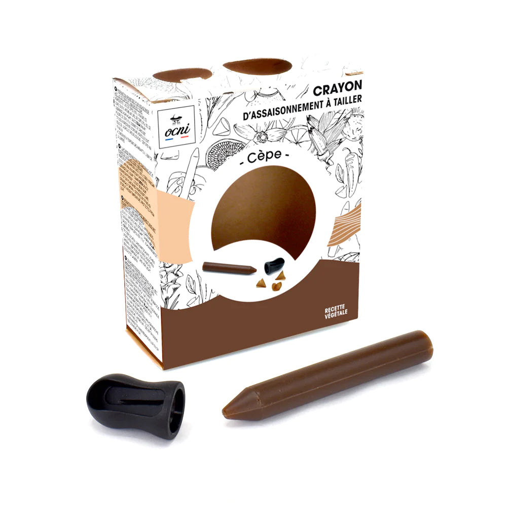 Coffret Assaisonnement Cèpe à Tailler d'OCNI Factory présenté dans un carton brun élégant