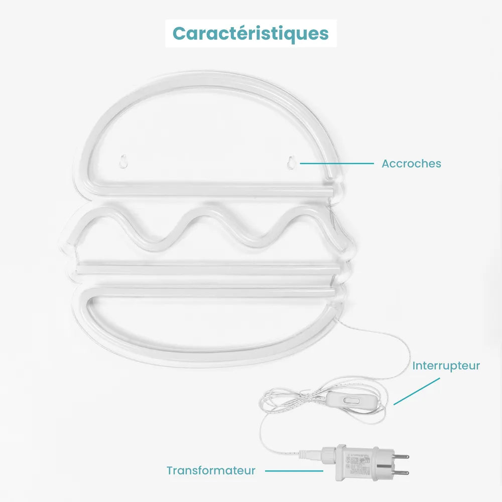 Lampe Néon Hamburger de Pitamoon avec ses accessoires inclus : transformateur et interrupteur.