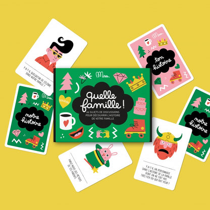 Kit de discussions 'Quelle Famille' avec cartes et boîte colorée, idéal pour les réunions de famille, disponible sur Pitamoon.