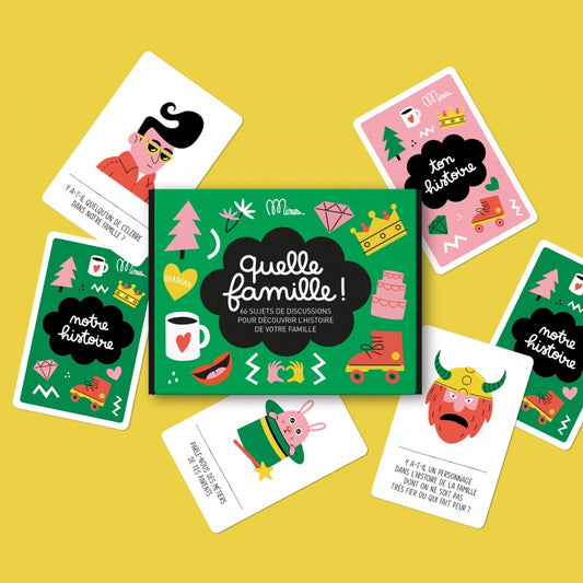 Kit de discussions 'Quelle Famille' avec cartes et boîte colorée, idéal pour les réunions de famille, disponible sur Pitamoon.